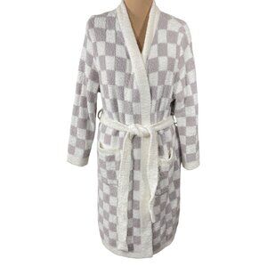The Styled Collection Feather Yarn Robe Long Grey Cream Check Size S/M
